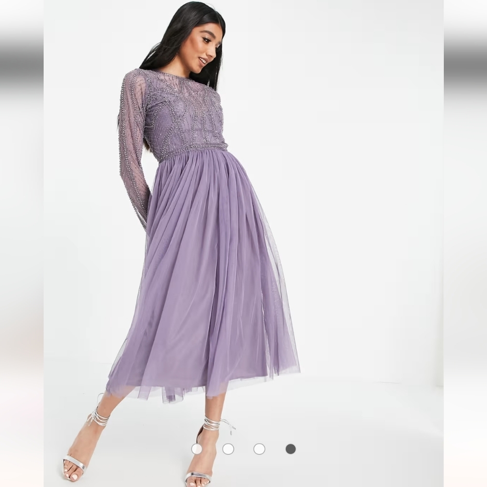 NWT ASOS DESIGN Embellished Bodice Midi Dress with Tulle Skirt in Purple